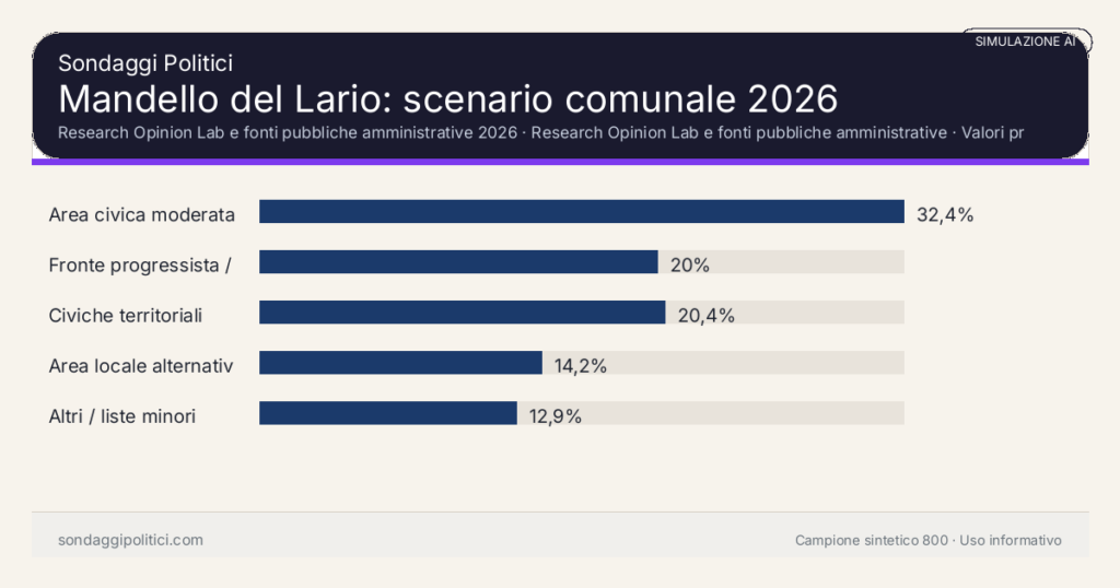 Visual simulazione AI Research Opinion Lab e fonti pubbliche amministrative 2026 Valori prodotti dal Research Opinion Lab e da leggere come scenario editoriale.: Mandello del Lario: scenario comunale 2026. Risultati: Area civica moderata 32,4%, Fronte progressista / civico 20%, Civiche territoriali 20,4%. Simulazione AI: non è un sondaggio reale né una rilevazione campionaria.