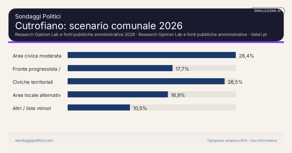 Visual simulazione AI Research Opinion Lab e fonti pubbliche amministrative 2026 Valori prodotti dal Research Opinion Lab e da leggere come scenario editoriale.: Cutrofiano: scenario comunale 2026. Risultati: Area civica moderata 28,4%, Fronte progressista / civico 17,7%, Civiche territoriali 26,5%. Simulazione AI: non è un sondaggio reale né una rilevazione campionaria.
