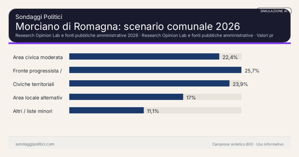 Visual simulazione AI Research Opinion Lab e fonti pubbliche amministrative 2026 Valori prodotti dal Research Opinion Lab e da leggere come scenario editoriale.: Morciano di Romagna: scenario comunale 2026. Risultati: Area civica moderata 22,4%, Fronte progressista / civico 25,7%, Civiche territoriali 23,9%. Simulazione AI: non è un sondaggio reale né una rilevazione campionaria.