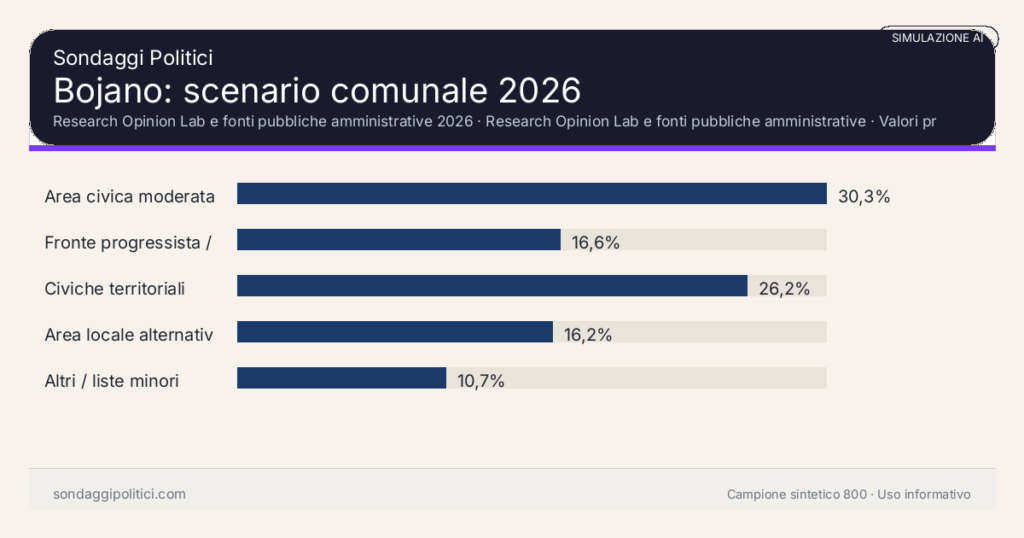 Visual simulazione AI Research Opinion Lab e fonti pubbliche amministrative 2026 Valori prodotti dal Research Opinion Lab e da leggere come scenario editoriale.: Bojano: scenario comunale 2026. Risultati: Area civica moderata 30,3%, Fronte progressista / civico 16,6%, Civiche territoriali 26,2%. Simulazione AI: non è un sondaggio reale né una rilevazione campionaria.