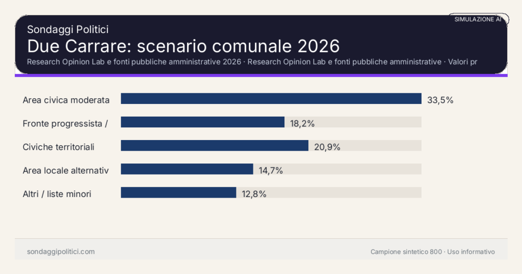 Visual simulazione AI Research Opinion Lab e fonti pubbliche amministrative 2026 Valori prodotti dal Research Opinion Lab e da leggere come scenario editoriale.: Due Carrare: scenario comunale 2026. Risultati: Area civica moderata 33,5%, Fronte progressista / civico 18,2%, Civiche territoriali 20,9%. Simulazione AI: non è un sondaggio reale né una rilevazione campionaria.