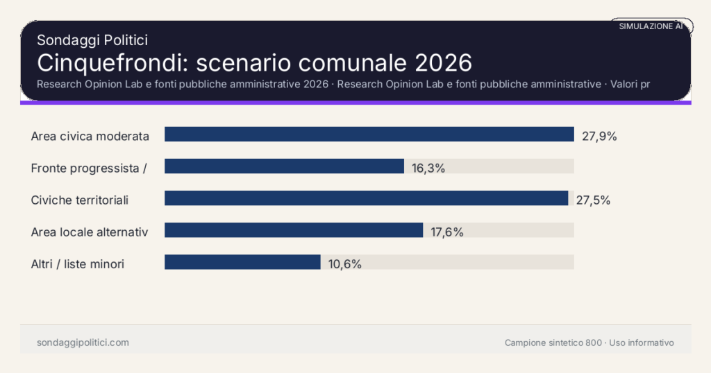 Visual simulazione AI Research Opinion Lab e fonti pubbliche amministrative 2026 Valori prodotti dal Research Opinion Lab e da leggere come scenario editoriale.: Cinquefrondi: scenario comunale 2026. Risultati: Area civica moderata 27,9%, Fronte progressista / civico 16,3%, Civiche territoriali 27,5%. Simulazione AI: non è un sondaggio reale né una rilevazione campionaria.