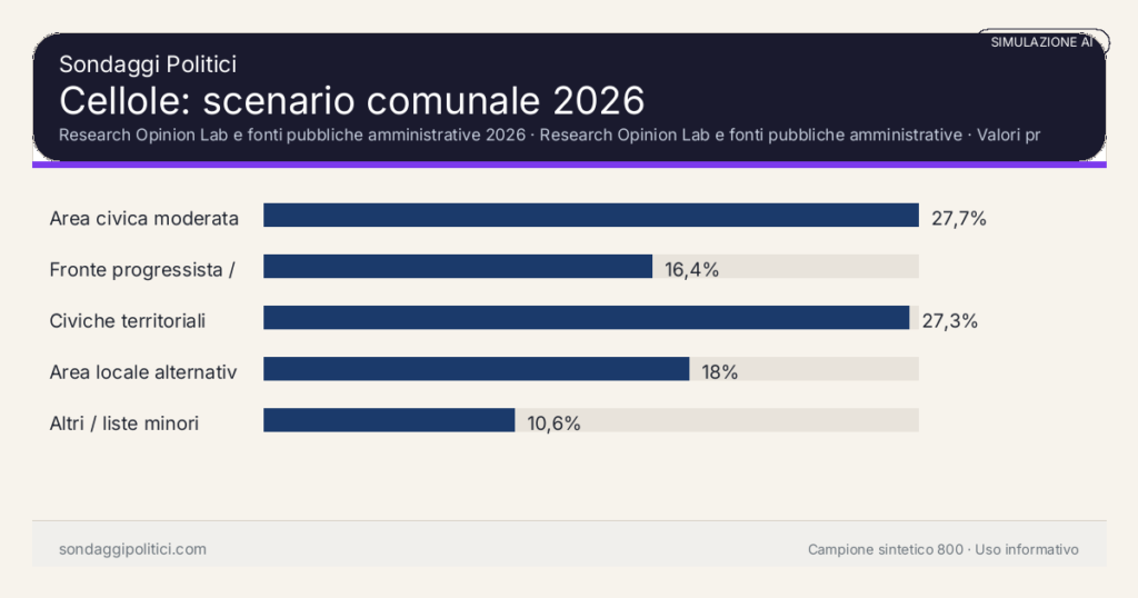 Visual simulazione AI Research Opinion Lab e fonti pubbliche amministrative 2026 Valori prodotti dal Research Opinion Lab e da leggere come scenario editoriale.: Cellole: scenario comunale 2026. Risultati: Area civica moderata 27,7%, Fronte progressista / civico 16,4%, Civiche territoriali 27,3%. Simulazione AI: non è un sondaggio reale né una rilevazione campionaria.