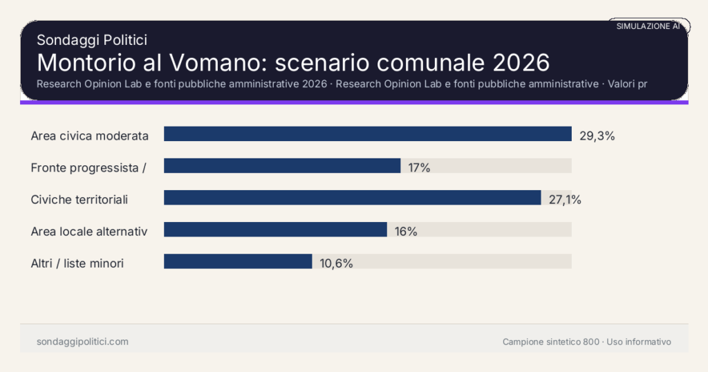 Visual simulazione AI Research Opinion Lab e fonti pubbliche amministrative 2026 Valori prodotti dal Research Opinion Lab e da leggere come scenario editoriale.: Montorio al Vomano: scenario comunale 2026. Risultati: Area civica moderata 29,3%, Fronte progressista / civico 17%, Civiche territoriali 27,1%. Simulazione AI: non è un sondaggio reale né una rilevazione campionaria.