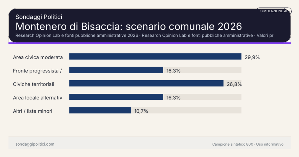 Visual simulazione AI Research Opinion Lab e fonti pubbliche amministrative 2026 Valori prodotti dal Research Opinion Lab e da leggere come scenario editoriale.: Montenero di Bisaccia: scenario comunale 2026. Risultati: Area civica moderata 29,9%, Fronte progressista / civico 16,3%, Civiche territoriali 26,8%. Simulazione AI: non è un sondaggio reale né una rilevazione campionaria.