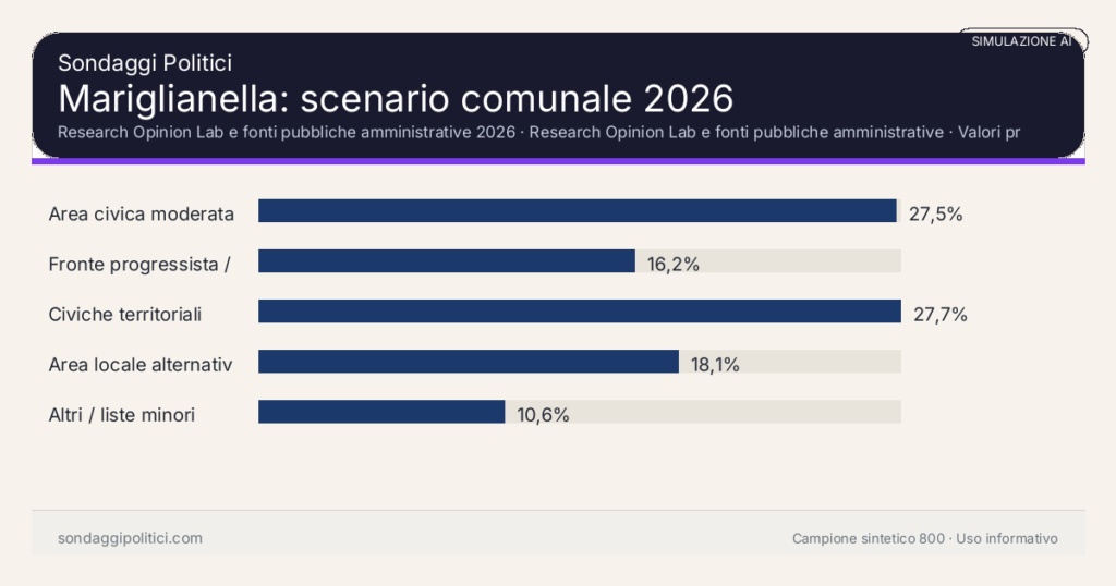 Visual simulazione AI Research Opinion Lab e fonti pubbliche amministrative 2026 Valori prodotti dal Research Opinion Lab e da leggere come scenario editoriale.: Mariglianella: scenario comunale 2026. Risultati: Area civica moderata 27,5%, Fronte progressista / civico 16,2%, Civiche territoriali 27,7%. Simulazione AI: non è un sondaggio reale né una rilevazione campionaria.