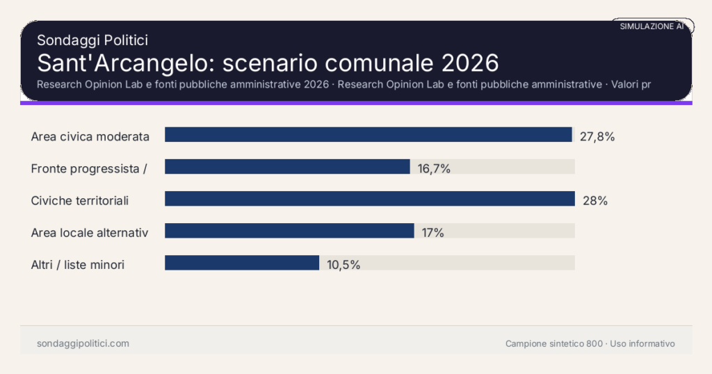 Visual simulazione AI Research Opinion Lab e fonti pubbliche amministrative 2026 Valori prodotti dal Research Opinion Lab e da leggere come scenario editoriale.: Sant'Arcangelo: scenario comunale 2026. Risultati: Area civica moderata 27,8%, Fronte progressista / civico 16,7%, Civiche territoriali 28%. Simulazione AI: non è un sondaggio reale né una rilevazione campionaria.