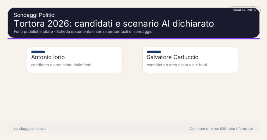 Visual simulazione AI Fonti pubbliche citate Scheda documentale senza percentuali di sondaggio.: Tortora 2026: candidati e scenario AI dichiarato. Risultati: Antonio Iorio candidato o area citata dalle fonti, Salvatore Carluccio candidato o area citata dalle fonti. Simulazione AI: non è un sondaggio reale né una rilevazione campionaria.