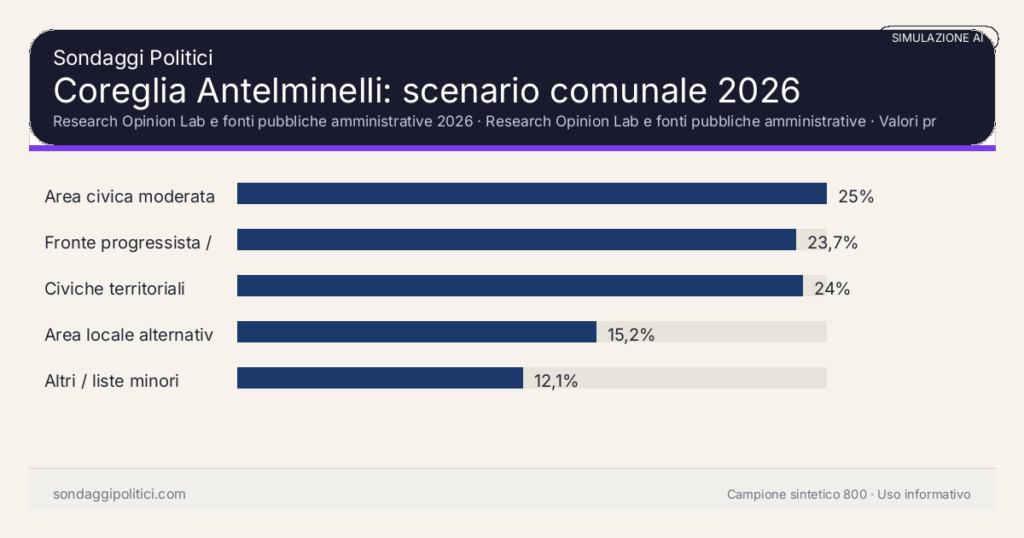 Visual simulazione AI Research Opinion Lab e fonti pubbliche amministrative 2026 Valori prodotti dal Research Opinion Lab e da leggere come scenario editoriale.: Coreglia Antelminelli: scenario comunale 2026. Risultati: Area civica moderata 25%, Fronte progressista / civico 23,7%, Civiche territoriali 24%. Simulazione AI: non è un sondaggio reale né una rilevazione campionaria.