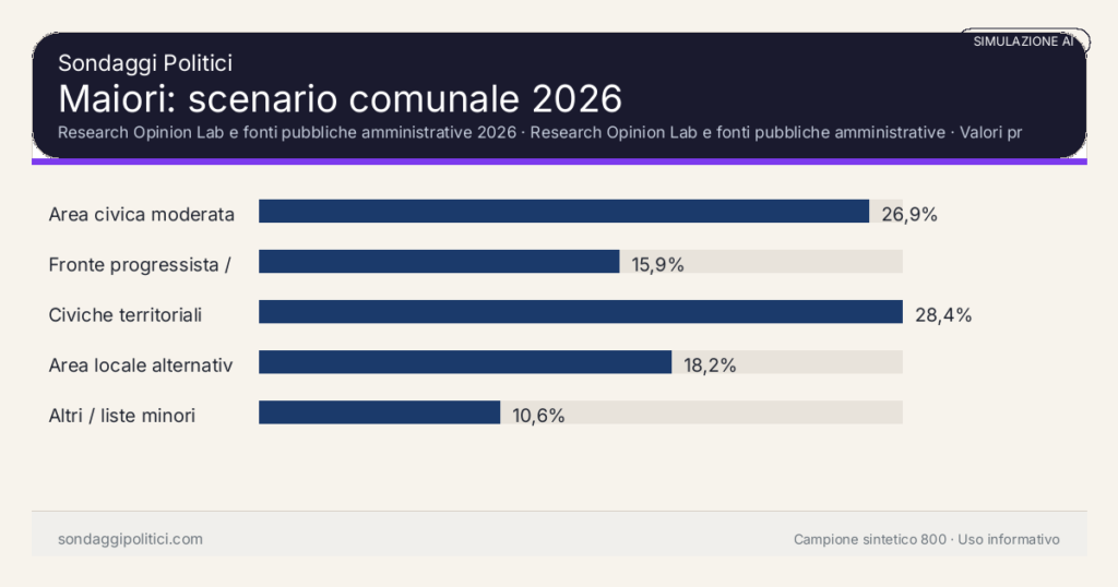 Visual simulazione AI Research Opinion Lab e fonti pubbliche amministrative 2026 Valori prodotti dal Research Opinion Lab e da leggere come scenario editoriale.: Maiori: scenario comunale 2026. Risultati: Area civica moderata 26,9%, Fronte progressista / civico 15,9%, Civiche territoriali 28,4%. Simulazione AI: non è un sondaggio reale né una rilevazione campionaria.