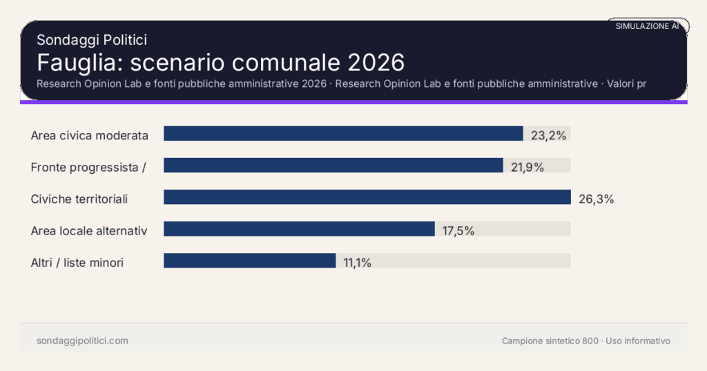 Visual simulazione AI Research Opinion Lab e fonti pubbliche amministrative 2026 Valori prodotti dal Research Opinion Lab e da leggere come scenario editoriale.: Fauglia: scenario comunale 2026. Risultati: Area civica moderata 23,2%, Fronte progressista / civico 21,9%, Civiche territoriali 26,3%. Simulazione AI: non è un sondaggio reale né una rilevazione campionaria.