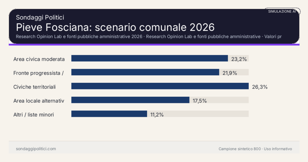 Visual simulazione AI Research Opinion Lab e fonti pubbliche amministrative 2026 Valori prodotti dal Research Opinion Lab e da leggere come scenario editoriale.: Pieve Fosciana: scenario comunale 2026. Risultati: Area civica moderata 23,2%, Fronte progressista / civico 21,9%, Civiche territoriali 26,3%. Simulazione AI: non è un sondaggio reale né una rilevazione campionaria.