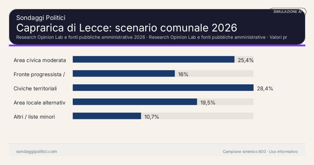 Visual simulazione AI Research Opinion Lab e fonti pubbliche amministrative 2026 Valori prodotti dal Research Opinion Lab e da leggere come scenario editoriale.: Caprarica di Lecce: scenario comunale 2026. Risultati: Area civica moderata 25,4%, Fronte progressista / civico 16%, Civiche territoriali 28,4%. Simulazione AI: non è un sondaggio reale né una rilevazione campionaria.