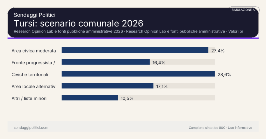 Visual simulazione AI Research Opinion Lab e fonti pubbliche amministrative 2026 Valori prodotti dal Research Opinion Lab e da leggere come scenario editoriale.: Tursi: scenario comunale 2026. Risultati: Area civica moderata 27,4%, Fronte progressista / civico 16,4%, Civiche territoriali 28,6%. Simulazione AI: non è un sondaggio reale né una rilevazione campionaria.