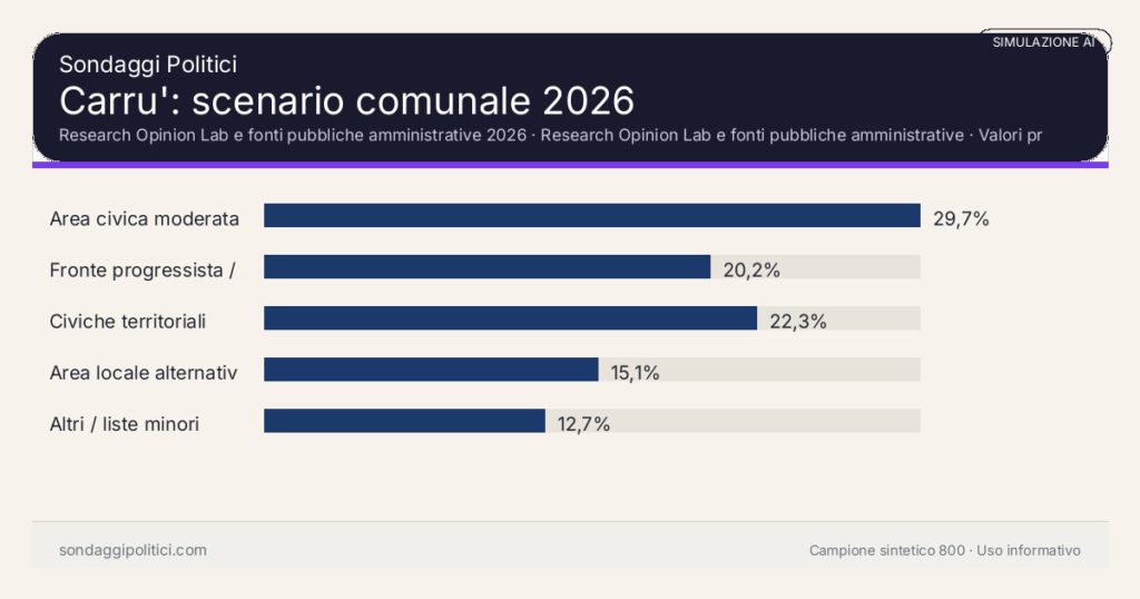 Visual simulazione AI Research Opinion Lab e fonti pubbliche amministrative 2026 Valori prodotti dal Research Opinion Lab e da leggere come scenario editoriale.: Carru': scenario comunale 2026. Risultati: Area civica moderata 29,7%, Fronte progressista / civico 20,2%, Civiche territoriali 22,3%. Simulazione AI: non è un sondaggio reale né una rilevazione campionaria.