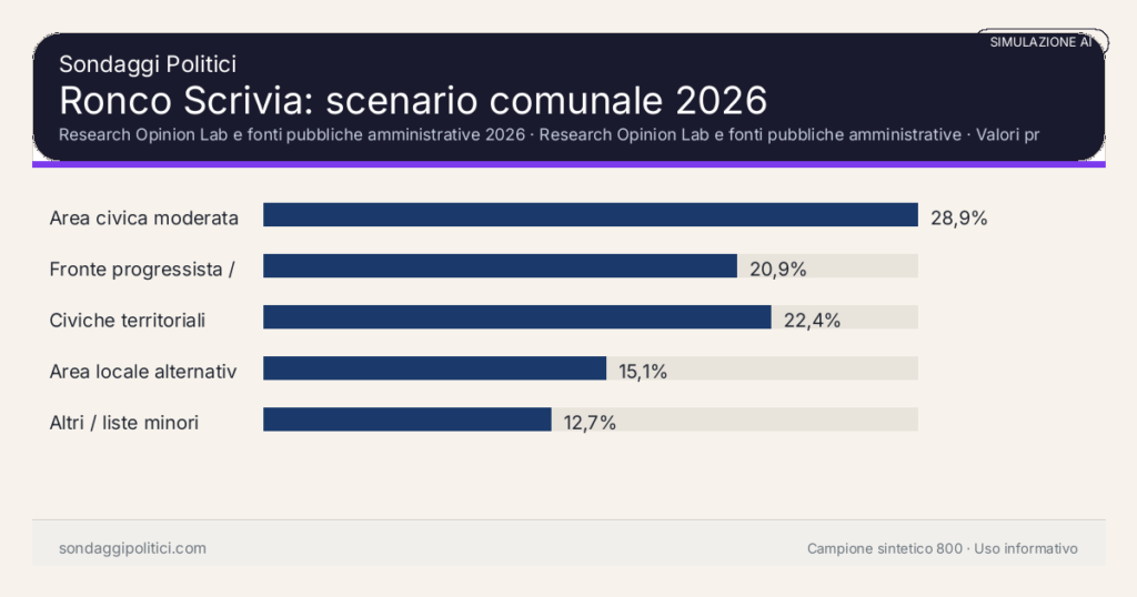 Visual simulazione AI Research Opinion Lab e fonti pubbliche amministrative 2026 Valori prodotti dal Research Opinion Lab e da leggere come scenario editoriale.: Ronco Scrivia: scenario comunale 2026. Risultati: Area civica moderata 28,9%, Fronte progressista / civico 20,9%, Civiche territoriali 22,4%. Simulazione AI: non è un sondaggio reale né una rilevazione campionaria.