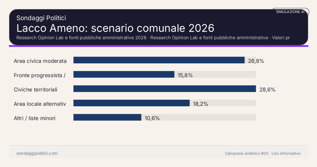 Visual simulazione AI Research Opinion Lab e fonti pubbliche amministrative 2026 Valori prodotti dal Research Opinion Lab e da leggere come scenario editoriale.: Lacco Ameno: scenario comunale 2026. Risultati: Area civica moderata 26,8%, Fronte progressista / civico 15,8%, Civiche territoriali 28,6%. Simulazione AI: non è un sondaggio reale né una rilevazione campionaria.