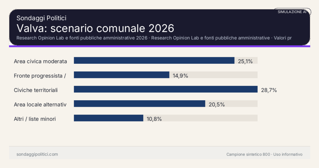 Visual simulazione AI Research Opinion Lab e fonti pubbliche amministrative 2026 Valori prodotti dal Research Opinion Lab e da leggere come scenario editoriale.: Valva: scenario comunale 2026. Risultati: Area civica moderata 25,1%, Fronte progressista / civico 14,9%, Civiche territoriali 28,7%. Simulazione AI: non è un sondaggio reale né una rilevazione campionaria.
