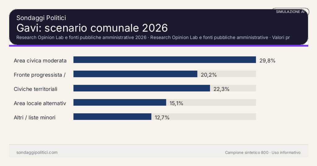 Visual simulazione AI Research Opinion Lab e fonti pubbliche amministrative 2026 Valori prodotti dal Research Opinion Lab e da leggere come scenario editoriale.: Gavi: scenario comunale 2026. Risultati: Area civica moderata 29,8%, Fronte progressista / civico 20,2%, Civiche territoriali 22,3%. Simulazione AI: non è un sondaggio reale né una rilevazione campionaria.