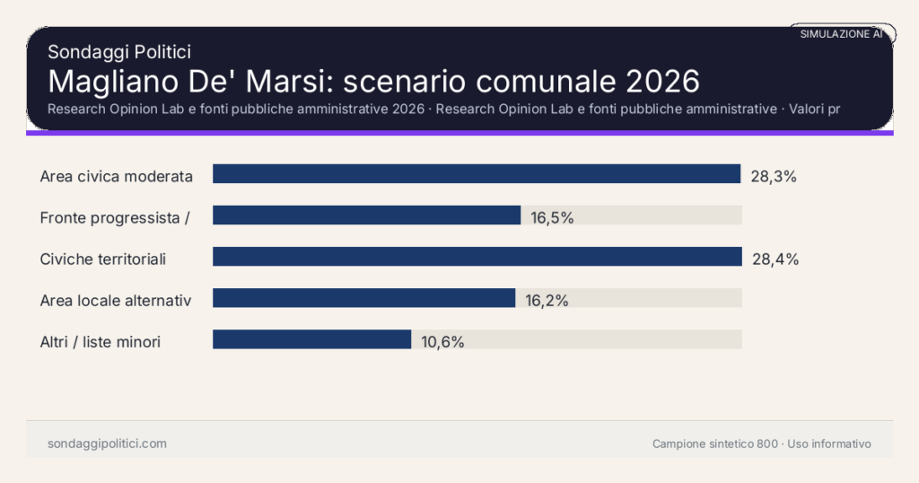 Visual simulazione AI Research Opinion Lab e fonti pubbliche amministrative 2026 Valori prodotti dal Research Opinion Lab e da leggere come scenario editoriale.: Magliano De' Marsi: scenario comunale 2026. Risultati: Area civica moderata 28,3%, Fronte progressista / civico 16,5%, Civiche territoriali 28,4%. Simulazione AI: non è un sondaggio reale né una rilevazione campionaria.