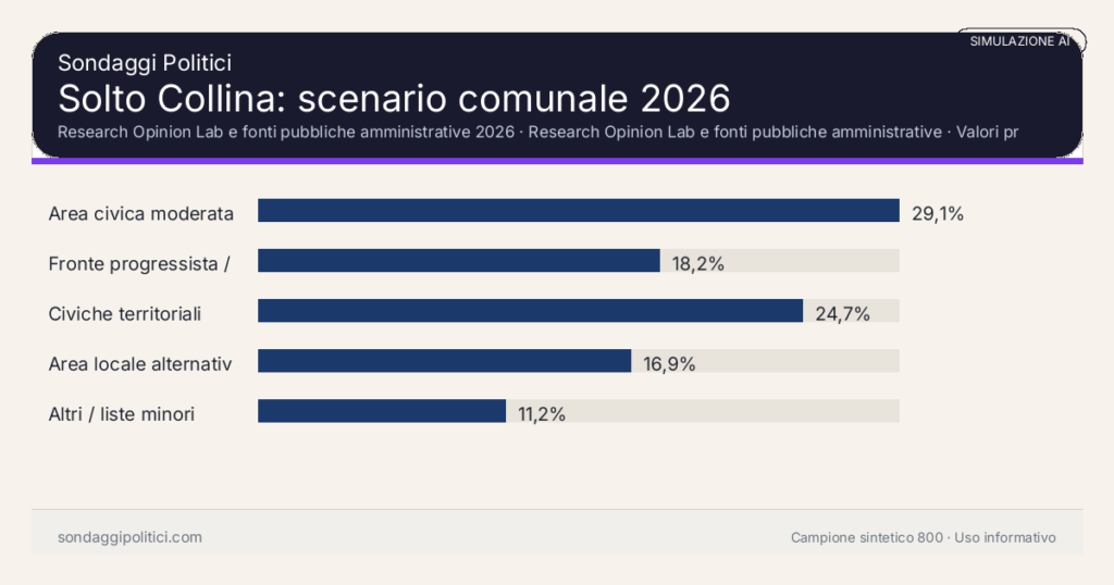 Visual simulazione AI Research Opinion Lab e fonti pubbliche amministrative 2026 Valori prodotti dal Research Opinion Lab e da leggere come scenario editoriale.: Solto Collina: scenario comunale 2026. Risultati: Area civica moderata 29,1%, Fronte progressista / civico 18,2%, Civiche territoriali 24,7%. Simulazione AI: non è un sondaggio reale né una rilevazione campionaria.