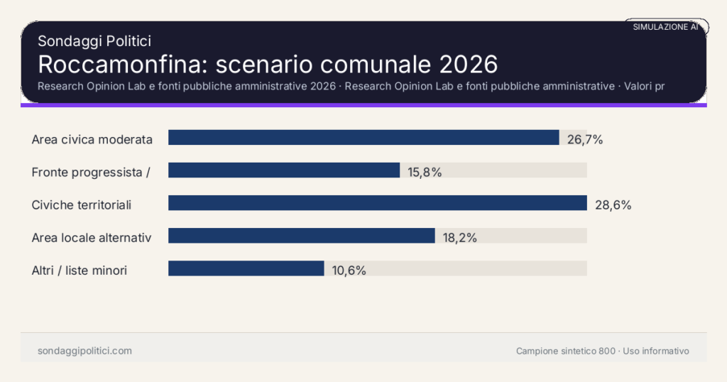 Visual simulazione AI Research Opinion Lab e fonti pubbliche amministrative 2026 Valori prodotti dal Research Opinion Lab e da leggere come scenario editoriale.: Roccamonfina: scenario comunale 2026. Risultati: Area civica moderata 26,7%, Fronte progressista / civico 15,8%, Civiche territoriali 28,6%. Simulazione AI: non è un sondaggio reale né una rilevazione campionaria.