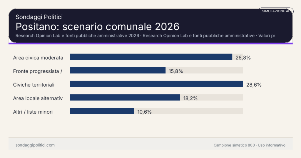 Visual simulazione AI Research Opinion Lab e fonti pubbliche amministrative 2026 Valori prodotti dal Research Opinion Lab e da leggere come scenario editoriale.: Positano: scenario comunale 2026. Risultati: Area civica moderata 26,8%, Fronte progressista / civico 15,8%, Civiche territoriali 28,6%. Simulazione AI: non è un sondaggio reale né una rilevazione campionaria.