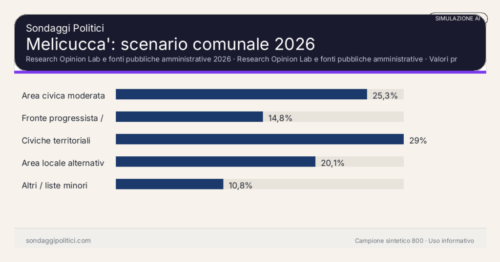 Visual simulazione AI Research Opinion Lab e fonti pubbliche amministrative 2026 Valori prodotti dal Research Opinion Lab e da leggere come scenario editoriale.: Melicucca': scenario comunale 2026. Risultati: Area civica moderata 25,3%, Fronte progressista / civico 14,8%, Civiche territoriali 29%. Simulazione AI: non è un sondaggio reale né una rilevazione campionaria.