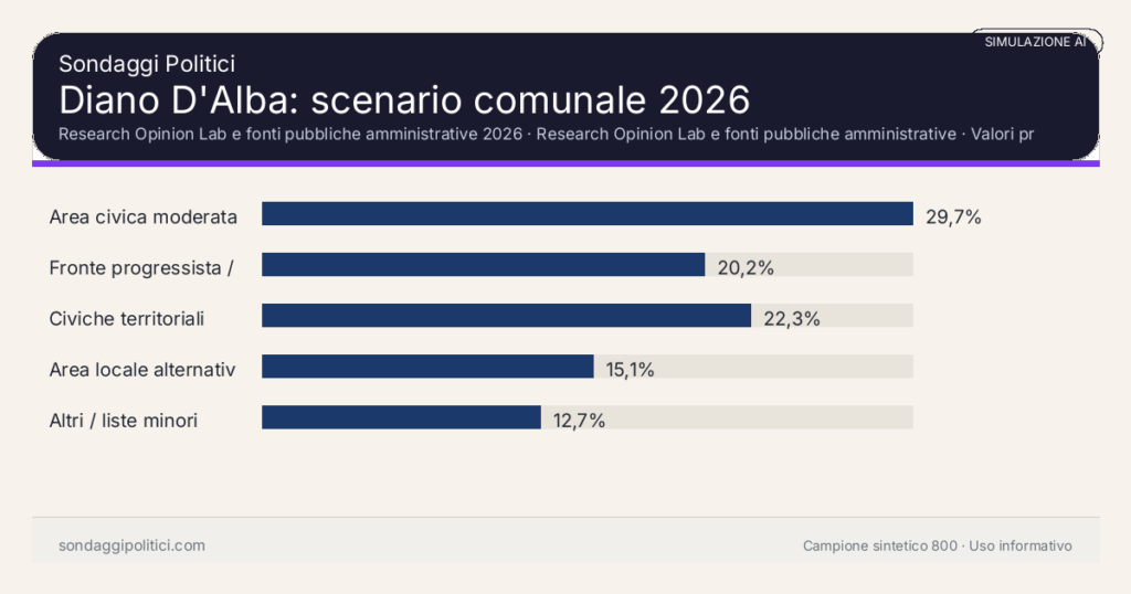 Visual simulazione AI Research Opinion Lab e fonti pubbliche amministrative 2026 Valori prodotti dal Research Opinion Lab e da leggere come scenario editoriale.: Diano D'Alba: scenario comunale 2026. Risultati: Area civica moderata 29,7%, Fronte progressista / civico 20,2%, Civiche territoriali 22,3%. Simulazione AI: non è un sondaggio reale né una rilevazione campionaria.