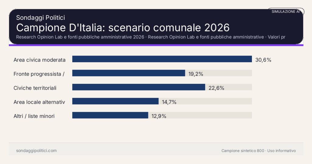 Visual simulazione AI Research Opinion Lab e fonti pubbliche amministrative 2026 Valori prodotti dal Research Opinion Lab e da leggere come scenario editoriale.: Campione D'Italia: scenario comunale 2026. Risultati: Area civica moderata 30,6%, Fronte progressista / civico 19,2%, Civiche territoriali 22,6%. Simulazione AI: non è un sondaggio reale né una rilevazione campionaria.