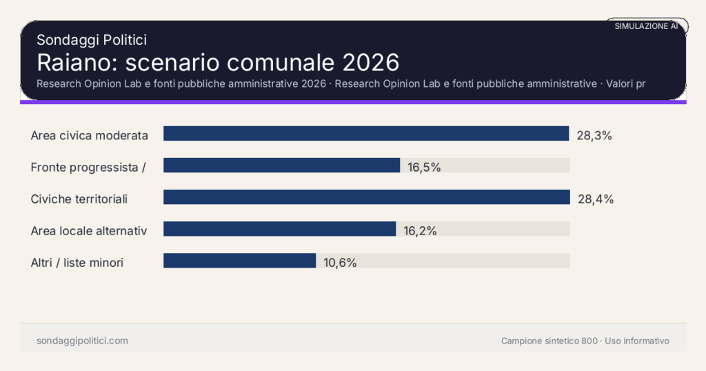 Visual simulazione AI Research Opinion Lab e fonti pubbliche amministrative 2026 Valori prodotti dal Research Opinion Lab e da leggere come scenario editoriale.: Raiano: scenario comunale 2026. Risultati: Area civica moderata 28,3%, Fronte progressista / civico 16,5%, Civiche territoriali 28,4%. Simulazione AI: non è un sondaggio reale né una rilevazione campionaria.