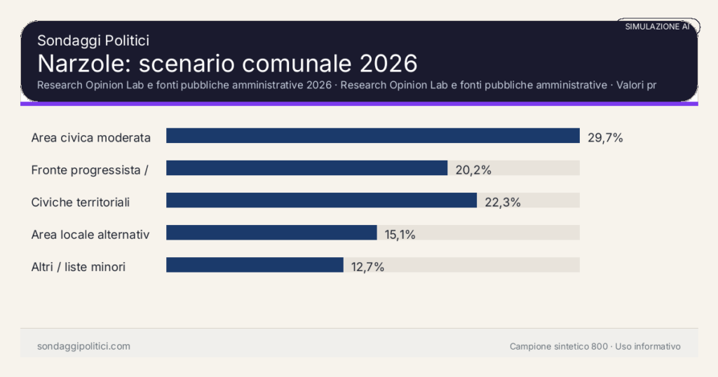 Visual simulazione AI Research Opinion Lab e fonti pubbliche amministrative 2026 Valori prodotti dal Research Opinion Lab e da leggere come scenario editoriale.: Narzole: scenario comunale 2026. Risultati: Area civica moderata 29,7%, Fronte progressista / civico 20,2%, Civiche territoriali 22,3%. Simulazione AI: non è un sondaggio reale né una rilevazione campionaria.