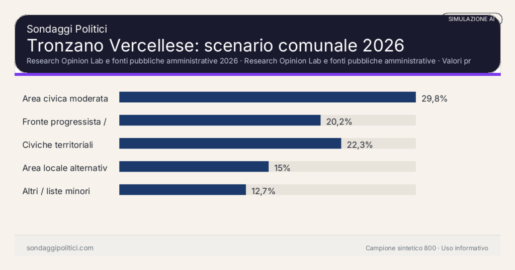 Visual simulazione AI Research Opinion Lab e fonti pubbliche amministrative 2026 Valori prodotti dal Research Opinion Lab e da leggere come scenario editoriale.: Tronzano Vercellese: scenario comunale 2026. Risultati: Area civica moderata 29,8%, Fronte progressista / civico 20,2%, Civiche territoriali 22,3%. Simulazione AI: non è un sondaggio reale né una rilevazione campionaria.