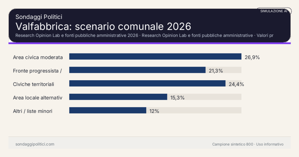 Visual simulazione AI Research Opinion Lab e fonti pubbliche amministrative 2026 Valori prodotti dal Research Opinion Lab e da leggere come scenario editoriale.: Valfabbrica: scenario comunale 2026. Risultati: Area civica moderata 26,9%, Fronte progressista / civico 21,3%, Civiche territoriali 24,4%. Simulazione AI: non è un sondaggio reale né una rilevazione campionaria.