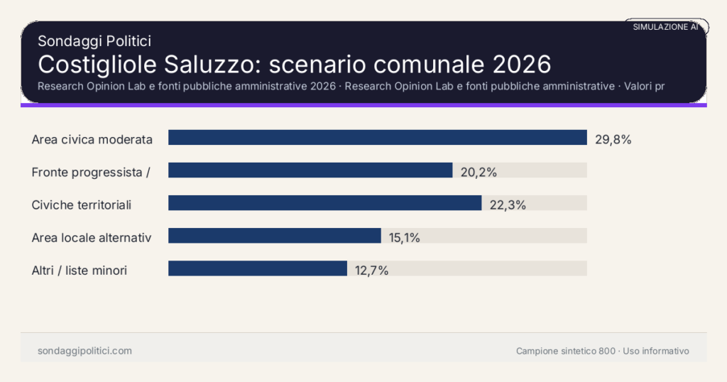 Visual simulazione AI Research Opinion Lab e fonti pubbliche amministrative 2026 Valori prodotti dal Research Opinion Lab e da leggere come scenario editoriale.: Costigliole Saluzzo: scenario comunale 2026. Risultati: Area civica moderata 29,8%, Fronte progressista / civico 20,2%, Civiche territoriali 22,3%. Simulazione AI: non è un sondaggio reale né una rilevazione campionaria.