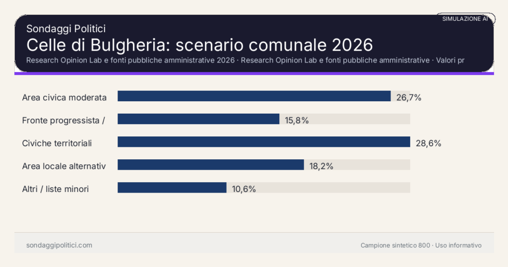 Visual simulazione AI Research Opinion Lab e fonti pubbliche amministrative 2026 Valori prodotti dal Research Opinion Lab e da leggere come scenario editoriale.: Celle di Bulgheria: scenario comunale 2026. Risultati: Area civica moderata 26,7%, Fronte progressista / civico 15,8%, Civiche territoriali 28,6%. Simulazione AI: non è un sondaggio reale né una rilevazione campionaria.