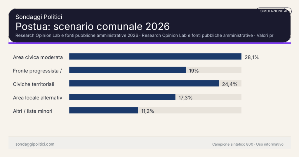 Visual simulazione AI Research Opinion Lab e fonti pubbliche amministrative 2026 Valori prodotti dal Research Opinion Lab e da leggere come scenario editoriale.: Postua: scenario comunale 2026. Risultati: Area civica moderata 28,1%, Fronte progressista / civico 19%, Civiche territoriali 24,4%. Simulazione AI: non è un sondaggio reale né una rilevazione campionaria.