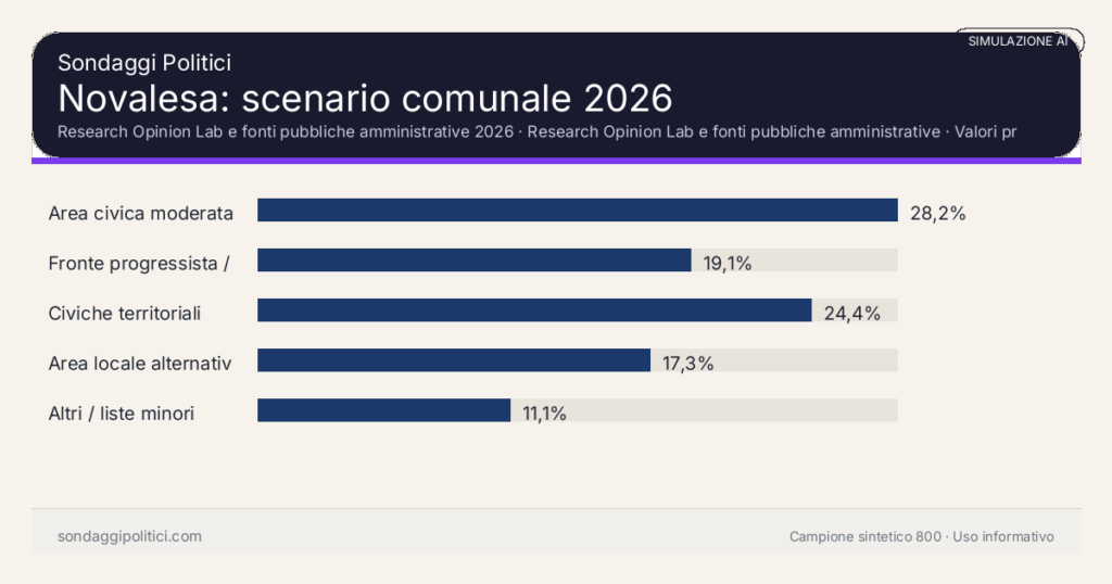 Visual simulazione AI Research Opinion Lab e fonti pubbliche amministrative 2026 Valori prodotti dal Research Opinion Lab e da leggere come scenario editoriale.: Novalesa: scenario comunale 2026. Risultati: Area civica moderata 28,2%, Fronte progressista / civico 19,1%, Civiche territoriali 24,4%. Simulazione AI: non è un sondaggio reale né una rilevazione campionaria.