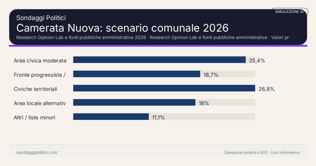 Visual simulazione AI Research Opinion Lab e fonti pubbliche amministrative 2026 Valori prodotti dal Research Opinion Lab e da leggere come scenario editoriale.: Camerata Nuova: scenario comunale 2026. Risultati: Area civica moderata 25,4%, Fronte progressista / civico 18,7%, Civiche territoriali 26,8%. Simulazione AI: non è un sondaggio reale né una rilevazione campionaria.