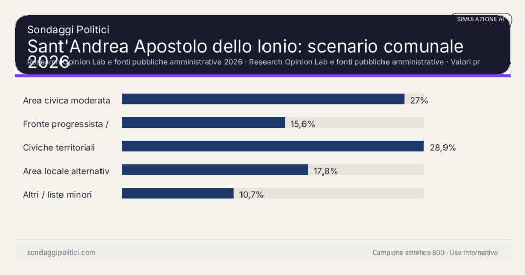 Visual simulazione AI Research Opinion Lab e fonti pubbliche amministrative 2026 Valori prodotti dal Research Opinion Lab e da leggere come scenario editoriale.: Sant'Andrea Apostolo dello Ionio: scenario comunale 2026. Risultati: Area civica moderata 27%, Fronte progressista / civico 15,6%, Civiche territoriali 28,9%. Simulazione AI: non è un sondaggio reale né una rilevazione campionaria.