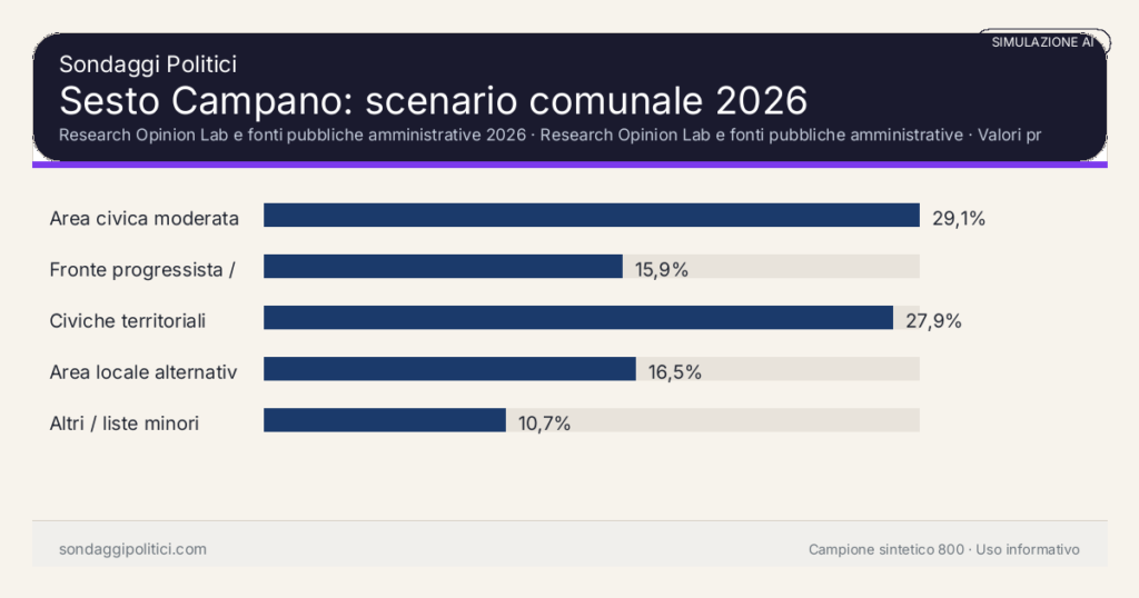 Visual simulazione AI Research Opinion Lab e fonti pubbliche amministrative 2026 Valori prodotti dal Research Opinion Lab e da leggere come scenario editoriale.: Sesto Campano: scenario comunale 2026. Risultati: Area civica moderata 29,1%, Fronte progressista / civico 15,9%, Civiche territoriali 27,9%. Simulazione AI: non è un sondaggio reale né una rilevazione campionaria.