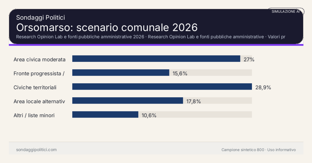 Visual simulazione AI Research Opinion Lab e fonti pubbliche amministrative 2026 Valori prodotti dal Research Opinion Lab e da leggere come scenario editoriale.: Orsomarso: scenario comunale 2026. Risultati: Area civica moderata 27%, Fronte progressista / civico 15,6%, Civiche territoriali 28,9%. Simulazione AI: non è un sondaggio reale né una rilevazione campionaria.