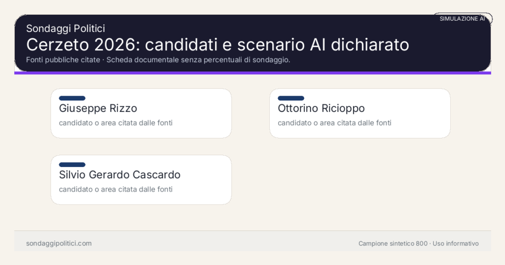 Visual simulazione AI Fonti pubbliche citate Scheda documentale senza percentuali di sondaggio.: Cerzeto 2026: candidati e scenario AI dichiarato. Risultati: Giuseppe Rizzo candidato o area citata dalle fonti, Ottorino Ricioppo candidato o area citata dalle fonti, Silvio Gerardo Cascardo candidato o area citata dalle fonti. Simulazione AI: non è un sondaggio reale né una rilevazione campionaria.