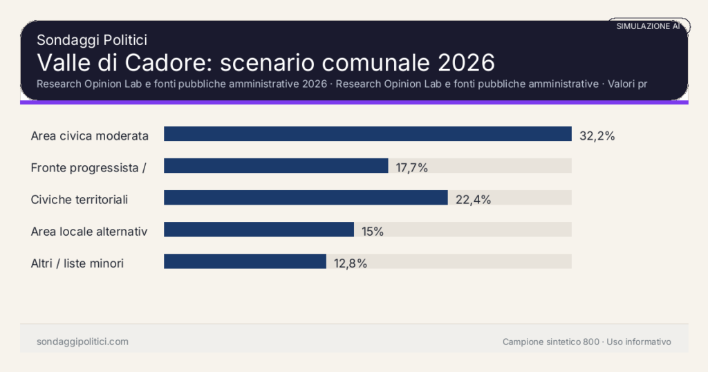 Visual simulazione AI Research Opinion Lab e fonti pubbliche amministrative 2026 Valori prodotti dal Research Opinion Lab e da leggere come scenario editoriale.: Valle di Cadore: scenario comunale 2026. Risultati: Area civica moderata 32,2%, Fronte progressista / civico 17,7%, Civiche territoriali 22,4%. Simulazione AI: non è un sondaggio reale né una rilevazione campionaria.