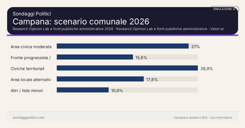 Visual simulazione AI Research Opinion Lab e fonti pubbliche amministrative 2026 Valori prodotti dal Research Opinion Lab e da leggere come scenario editoriale.: Campana: scenario comunale 2026. Risultati: Area civica moderata 27%, Fronte progressista / civico 15,6%, Civiche territoriali 28,9%. Simulazione AI: non è un sondaggio reale né una rilevazione campionaria.