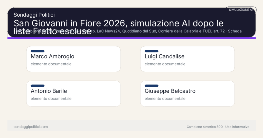 Visual simulazione AI Fonti pubbliche citate Scheda documentale senza percentuali di sondaggio.: San Giovanni in Fiore 2026, simulazione AI dopo le liste Fratto escluse. Risultati: Marco Ambrogio elemento documentale, Luigi Candalise elemento documentale, Antonio Barile elemento documentale. Simulazione AI: non è un sondaggio reale né una rilevazione campionaria.