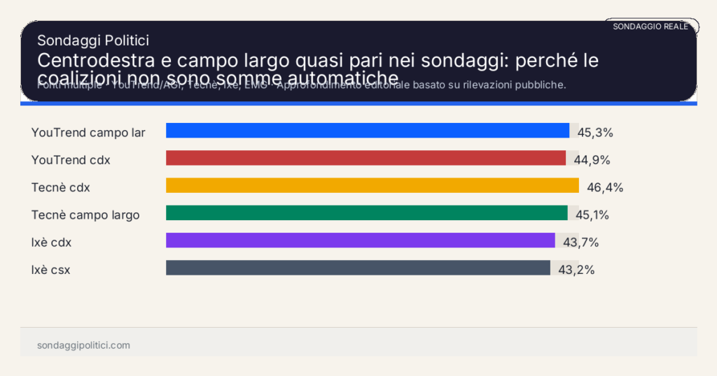 Grafico sondaggio Fonti multiple Approfondimento editoriale basato su rilevazioni pubbliche.: Centrodestra e campo largo quasi pari nei sondaggi: perché le coalizioni non sono somme automatiche. Risultati: YouTrend campo largo 45,3%, YouTrend cdx 44,9%, Tecnè cdx 46,4%. Dati attribuiti alle fonti citate nell'articolo.