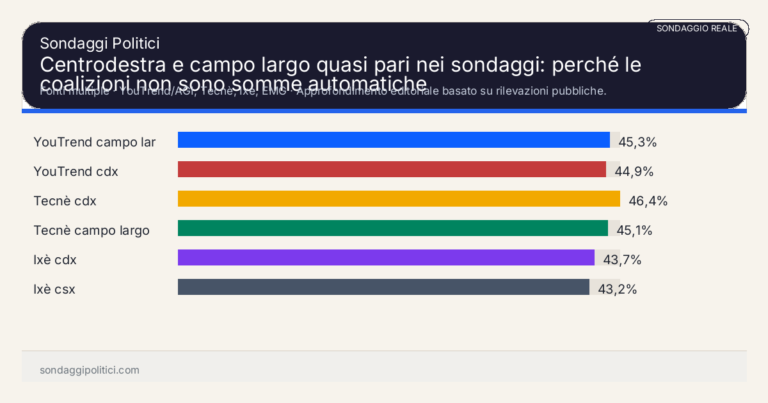 Immagine di anteprima per Centrodestra e campo largo quasi pari nei sondaggi: perché le coalizioni non sono somme automatiche