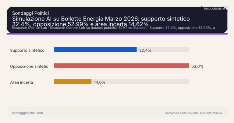 Immagine di anteprima per Simulazione AI su Bollette Energia Marzo 2026: supporto sintetico 32.4%, opposizione 52.99% e area incerta 14.62%