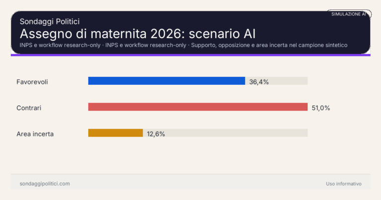 Immagine di anteprima per Simulazione AI su assegno di maternita 2026: favorevoli al 36,41%, contrari al 50,97% e area incerta al 12,62%